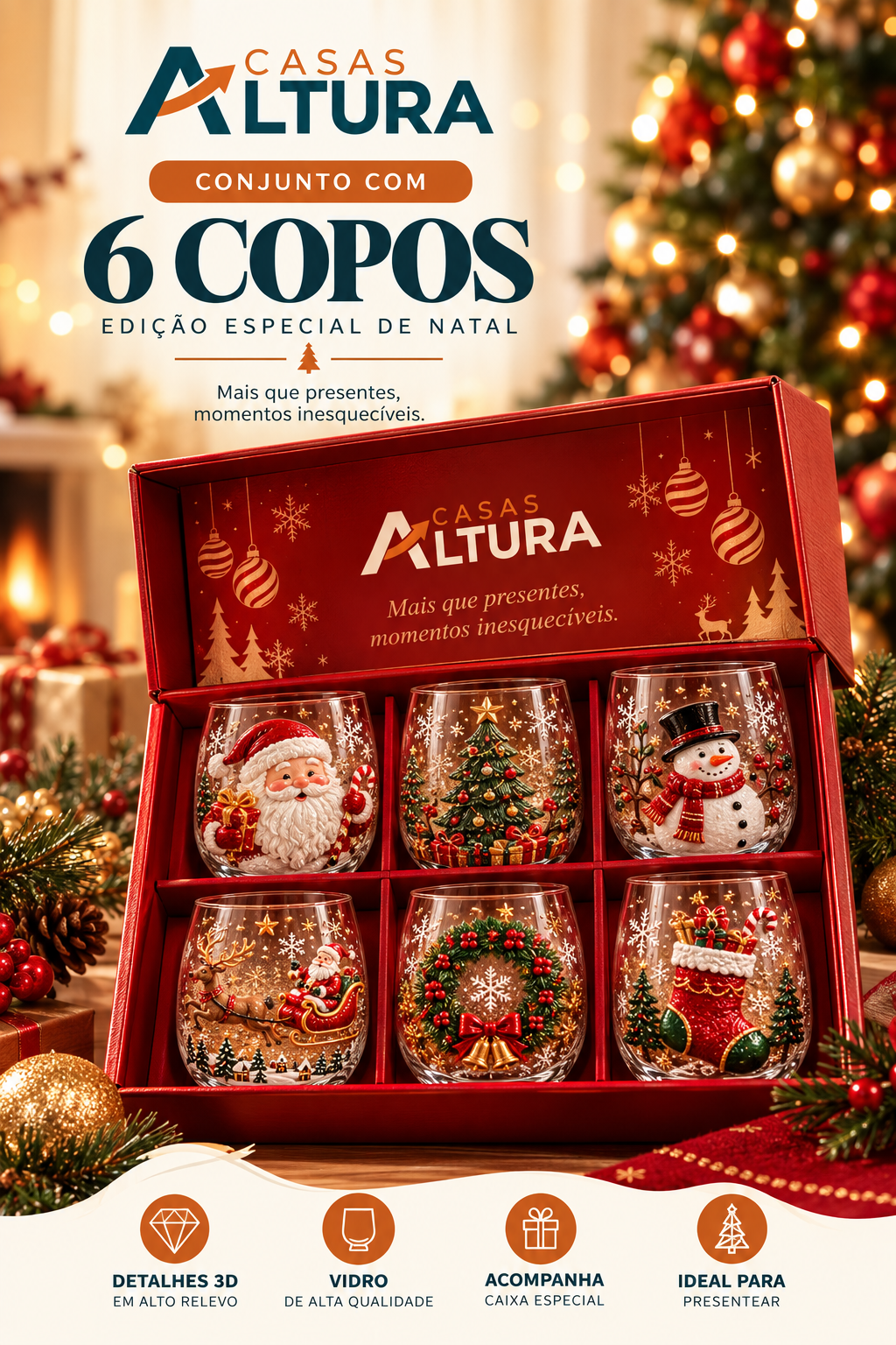 Conjunto de 6 Copos Especiais de Natal 3D