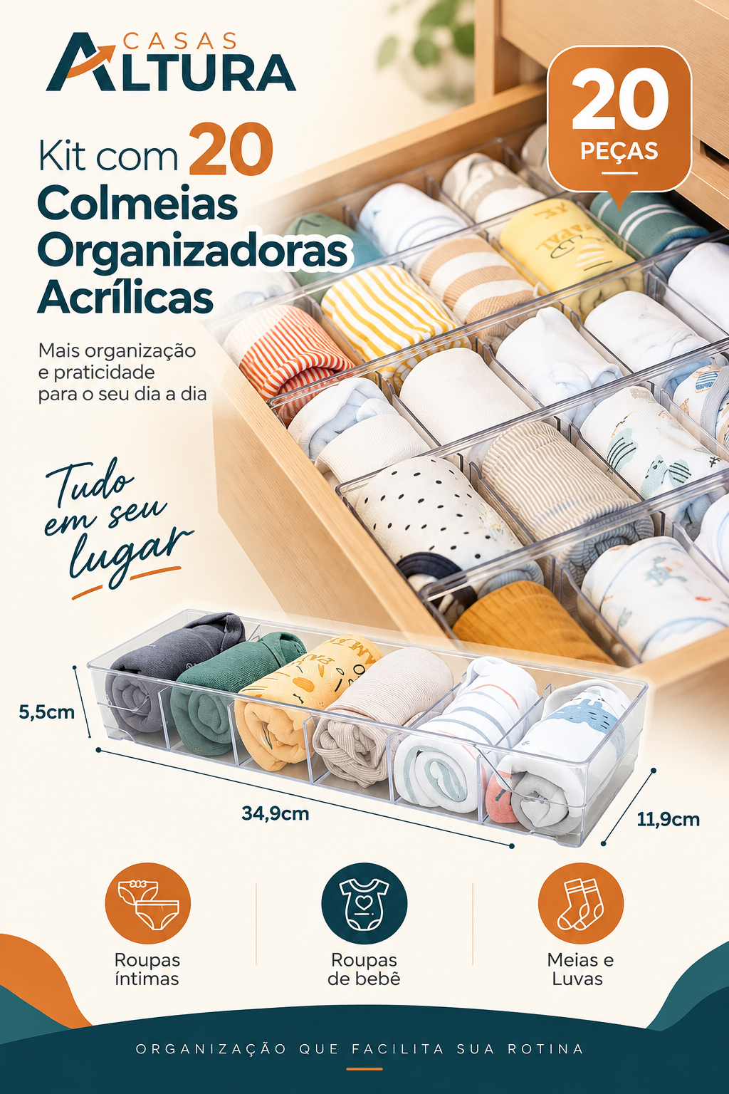 Colmeias organizadoras para roupas de bebê
